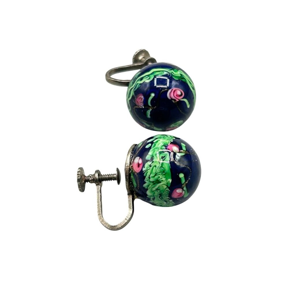 Vintage Murano Glass Art Glass Earrings Screw Back Round Blue Floral Glass Earri